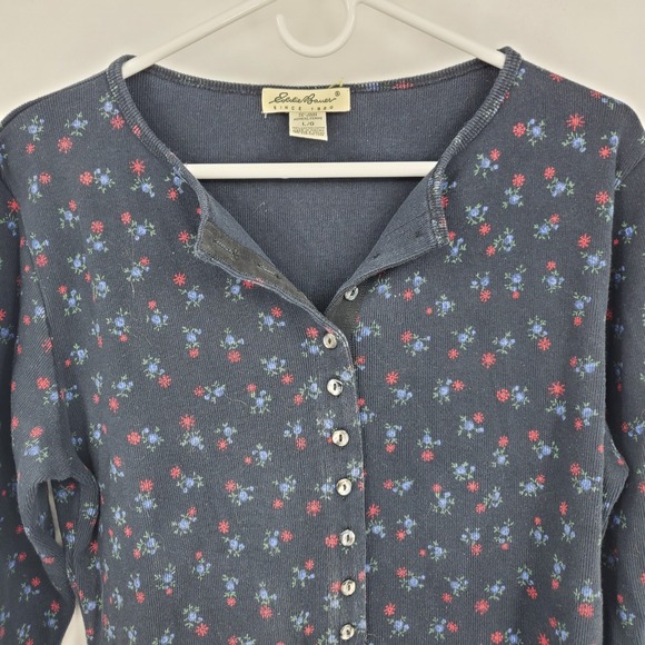 Eddie Bauer Women Y2K Dark Floral Print Long Sleeve Button Front Top L Grandma - Picture 6 of 7